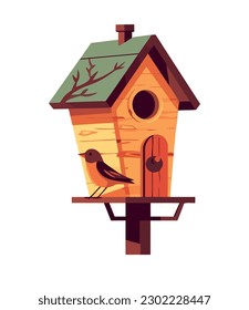 Cute birdhouse design on tree branch icon isolated