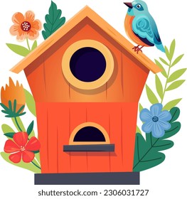 Cute birdhouse with flowers and birds. Cartoon flat style