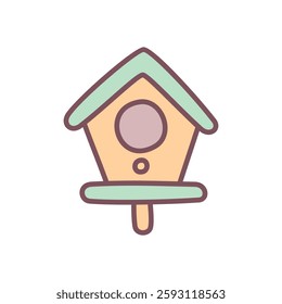 Cute birdhouse icon. Hand drawn illustration of a wooden birdhouse isolated on a white background. Kawaii spring sticker. Vector 10 EPS.