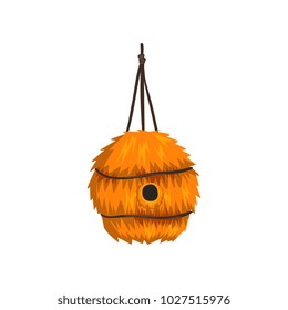 Cute birdhouse made of straw, nesting box cartoon vector Illustration on a white background