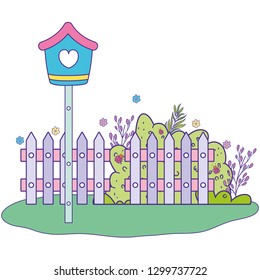 cute birdhouse wooden with garden scene