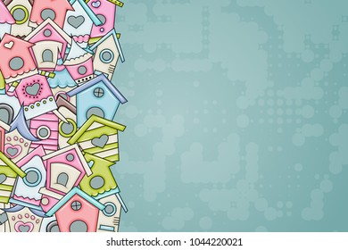 Cute birdhouses for birds background design. Hand drawn doodle card. Spring and summer concept. Vector illustration backdrop.