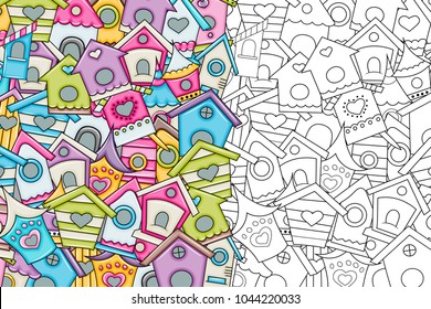 Cute birdhouses for birds background design. Hand drawn doodle card. Spring and summer concept. Vector illustration backdrop.