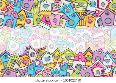 Cute birdhouses for birds background design. Hand drawn doodle card. Spring and summer concept. Vector illustration backdrop.