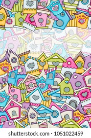 Cute birdhouses for birds background design. Hand drawn doodle card. Spring and summer concept. Vector illustration backdrop.