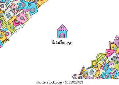 Cute birdhouses for birds background design. Hand drawn doodle card. Spring and summer concept. Vector illustration backdrop.