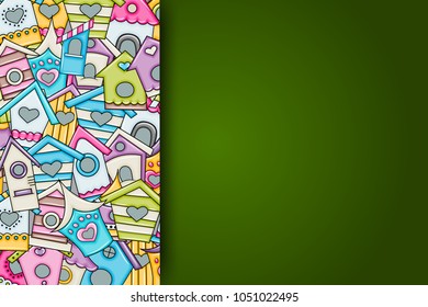 Cute birdhouses for birds background design. Hand drawn doodle card. Spring and summer concept. Vector illustration backdrop.