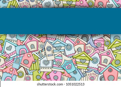 Cute birdhouses for birds background design. Hand drawn doodle card. Spring and summer concept. Vector illustration backdrop.