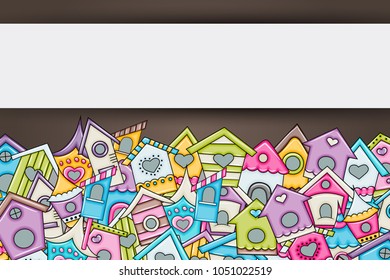 Cute birdhouses for birds background design. Hand drawn doodle card. Spring and summer concept. Vector illustration backdrop.