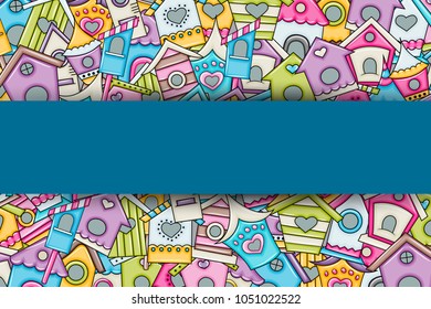Cute birdhouses for birds background design. Hand drawn doodle card. Spring and summer concept. Vector illustration backdrop.