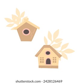 cute birdhouses with leaves for autumn fall background. Vector illustration isolated. Can used for greeting card, poster, wallpapers. 