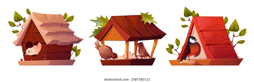 Cute birdhouses set isolated on white background. Vector cartoon illustration of small birds in wooden feeders eating berries, seeds, grain and crumbs, human love and care for wildlife, park nature