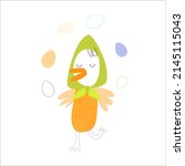 cute birdie character juggles eggs. Spring vector design nursery