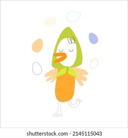 cute birdie character juggles eggs. Spring vector design nursery