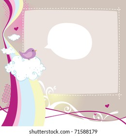 Cute Birdie Rainbow Background A vector illustration of a bird sitting on a cloud with a speech bubble to add your own text.