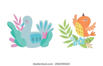 Cute Birdie Sitting in Nest of Floral Twigs Vector Set