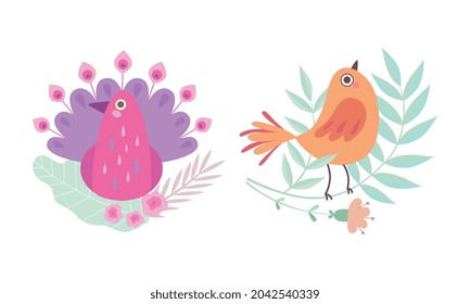 Cute Birdie Sitting in Nest of Floral Twigs Vector Set