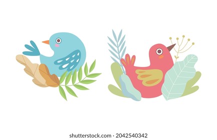 Cute Birdie Sitting in Nest of Floral Twigs Vector Set