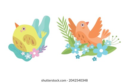Cute Birdie Sitting in Nest of Floral Twigs Vector Set