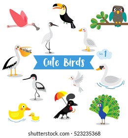 Cute Birds Animal cartoon on white background. Set 1.