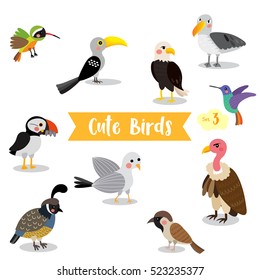 Cute Birds Animal cartoon on white background. Set 3.