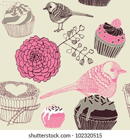 cute birds with assorted cakes and fruits