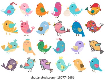 Cute birds big set. Clipart bundle with funny colorful birds. Isolated elements collection for baby and kids design. Vector illustration