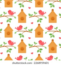Cute birds and birdhouses among twigs with leaves. Seamless pattern. Can be used to fill the background of a web page, textile, wrapping paper. Vector