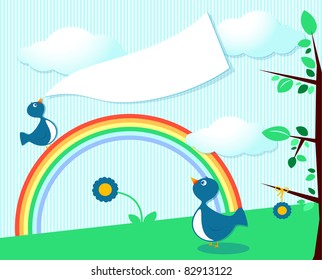 Cute birds with blank banner, vector illustration
