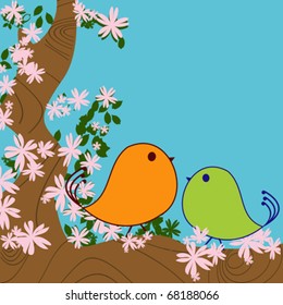 Cute birds and blossom tree background