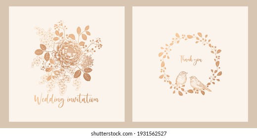 Cute Birds, Bouquet Of Flowers And Wreath Of Leaves. Templates Of Wedding Invitations Set. Floral Vector Illustration. Vintage Engraving. Boho Eco Style. Cards With Gold Foil Print. Botanical Design.