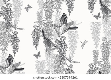 Cute birds, butterflies and dragonfly on the branches of tree. Wisteria liana. Floral seamless pattern. Garden flowers and leaves. Black and white. Vector illustration. Vintage decor.