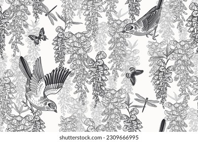 Cute birds, butterflies and dragonfly on the branches of tree. Wisteria liana. Floral seamless pattern. Garden flowers and leaves. Black and white. Vector illustration. Vintage decor.