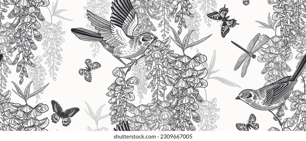 Cute birds, butterflies and dragonfly on the branches of tree. Wisteria liana. Floral seamless pattern. Garden flowers and leaves. Black and white. Vector illustration. Vintage decor.