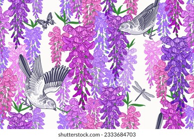 Cute birds, butterflies and dragonfly on the branches of tree. Wisteria liana. Floral seamless pattern. Garden flowers and leaves. Vector illustration. Vintage decor for paper, wallpapers, textiles.