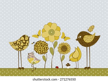 Cute birds and butterflies and flowers. Vector textile stickers 