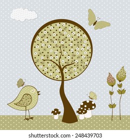 Cute birds with butterflies and tree. Vector textile stickers 