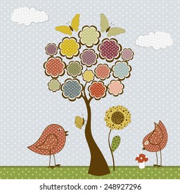 Cute birds and butterflies and tree.Vector textile stickers 