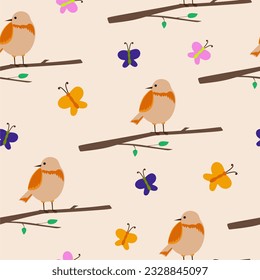Cute birds and butterfly seamless vector pattern. Perfect for textile, wallpaper or print design.