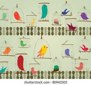 Cute Birds in The Cage Concept Design. Retro Style.