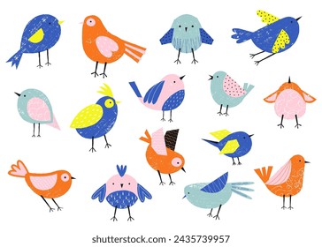 Lindos pájaros. Dibujos animados de personajes de gorriones coloridos, animales voladores felices con coloridas alas y picos, zoológico y vida silvestre estilo plano. Conjunto aislado del vector de la ilustración del carácter del gorrión