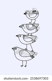 Cute birds cartoon hand drawn character in children style vector illustration. Domestic animal collection  isolated on white background.