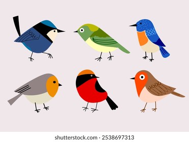 Cute birds cartoon hand drawn character in children style vector illustration. Domestic animal collection  isolated on white background.