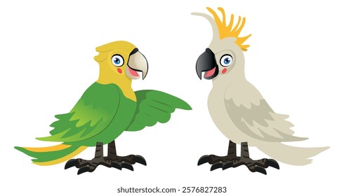 Cute birds in cartoon style, parakeet and cockatoo. vector illustration