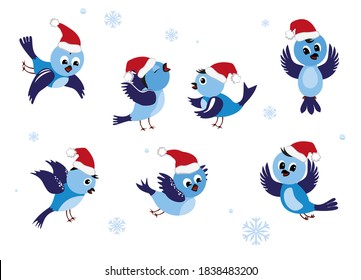 Cute birds in Christmas hats on white background with snowflakes. Set of colored birds. Little isolated birds in cartoon style.