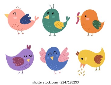 Cute birds collection. Hand drawn characters set in cartoon style for kids design. Vector illustration