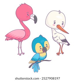 Cute birds collection. Pink flamingo, white stork and blue parrot. Isolated cartoon kawaii characters. Vector illustration 