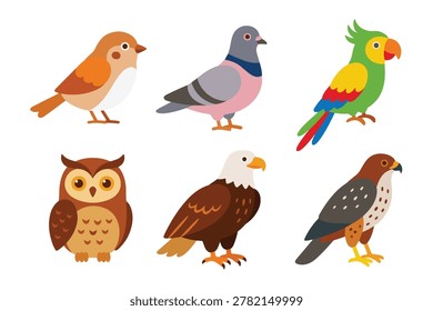 Cute birds collection set flat vector illustration. Flat vector elements of sparrow, pigeon, parrot, owl, eagle, and hawk isolated on white background