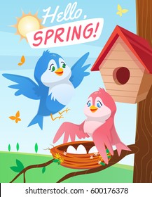 Cute birds couple flying. Boy and Girl. Nest with eggs on a tree. Hello spring. Spring greeting card. Cartoon colorful style. Vector illustration.