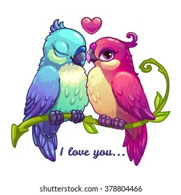 Cute birds couple in love, cartoon vector illustration on white background